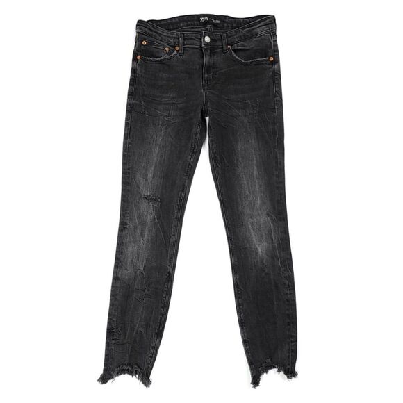 ZARA Raw Chewed Ankle Cropped High Rise Skinny Jeans Washed Black Y2k Grunge 6 - Picture 1 of 9